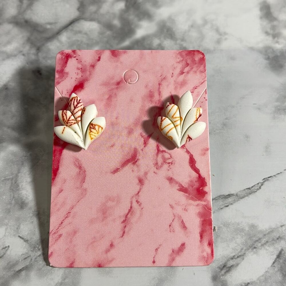 Handcrafted White Leaf Cut Stud Earrings with Leaf Print